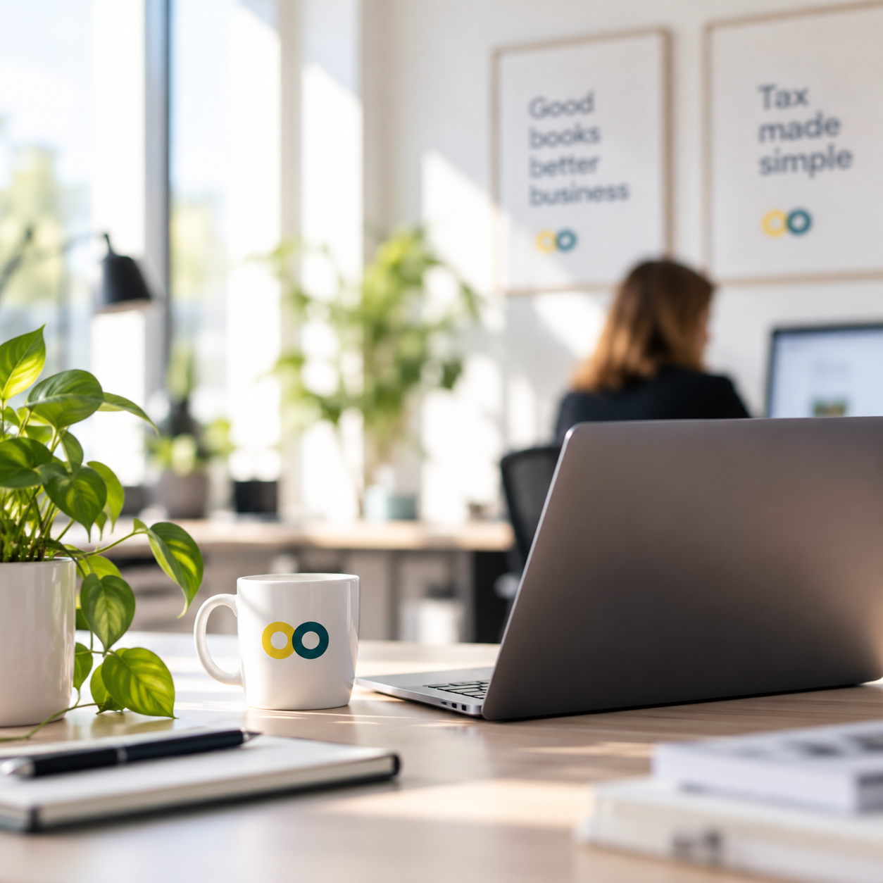 A bright accounting practice office with a DuoBooks laptop and branded mug