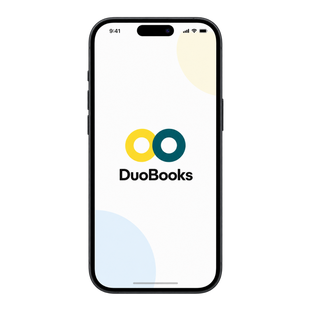 DuoBooks client app shown on a mobile phone