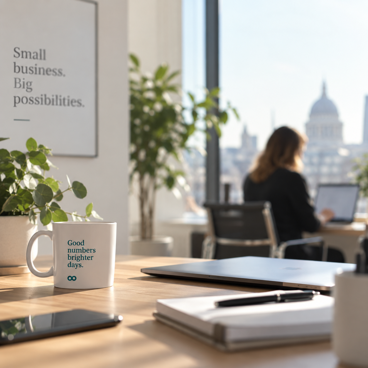 A bright accounting practice workspace overlooking London