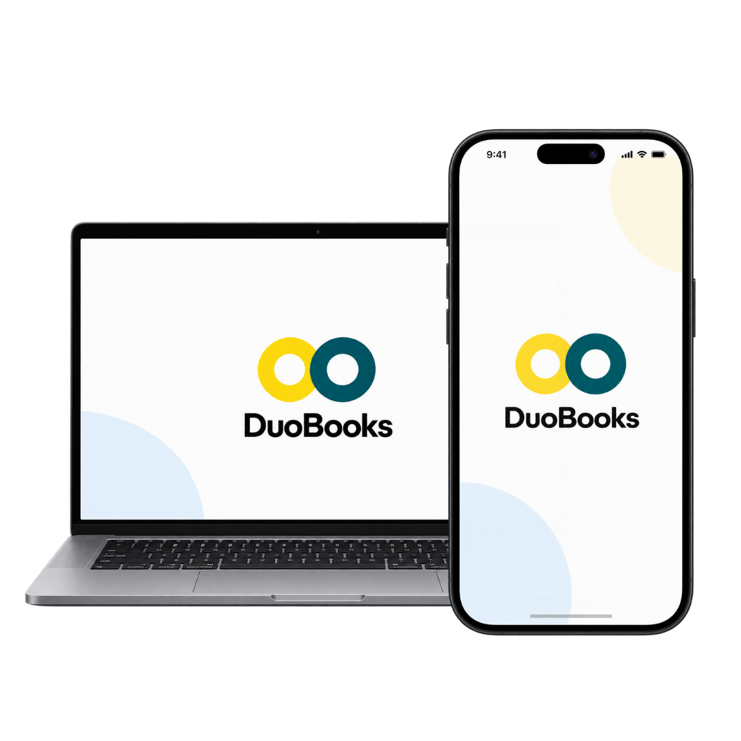 DuoBooks displayed on a laptop and mobile phone